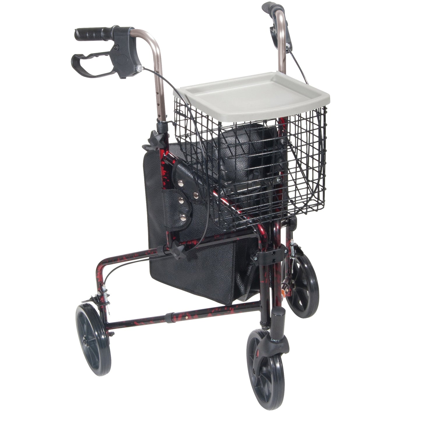 WALKER, ROLLATOR 3WHEEL ALUM WBASKET/TRAY/POUCH RED