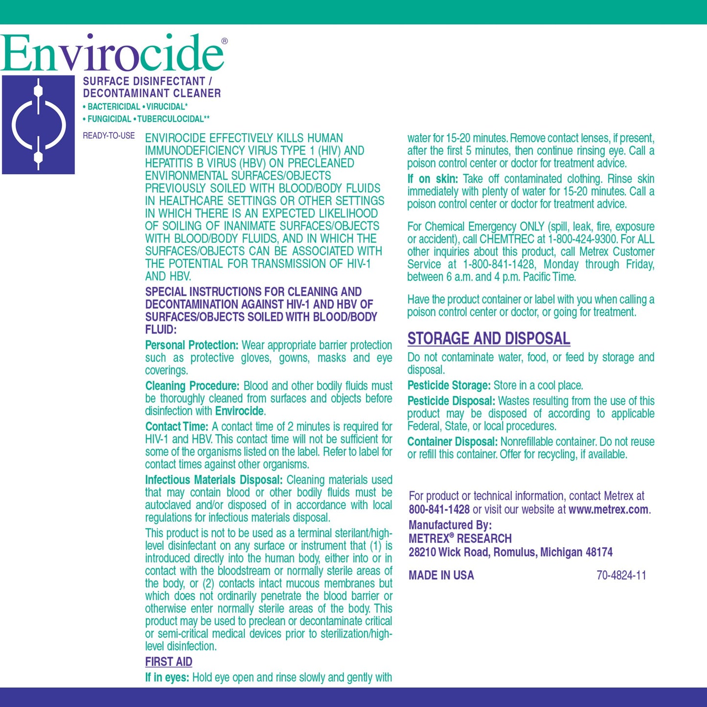 DISINFECTANT, ENVIROCIDE 24OZ (12/CS)