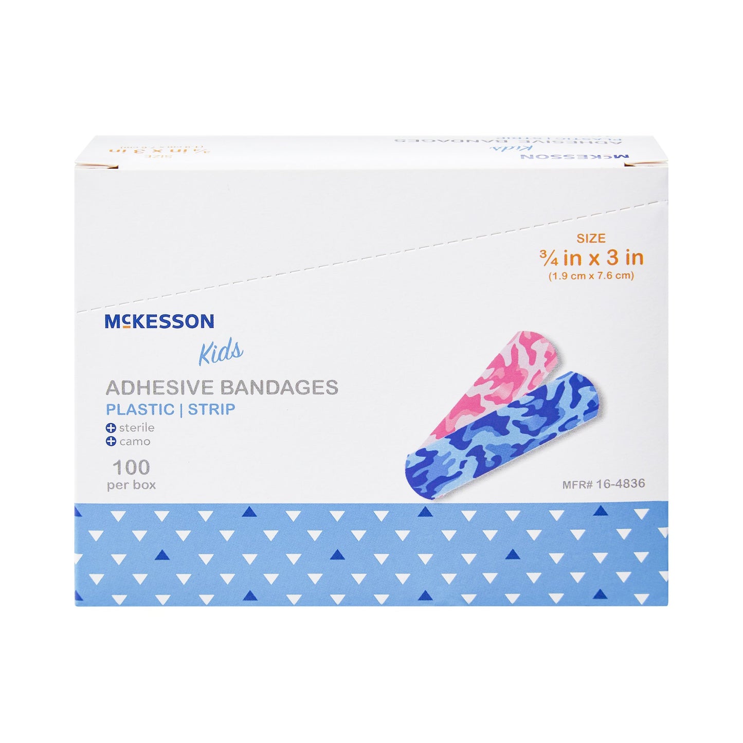 BANDAGE, ADHSV MCKID BLU/PNK CAMO STRIP 3/4"X3" (100/BX 24BX