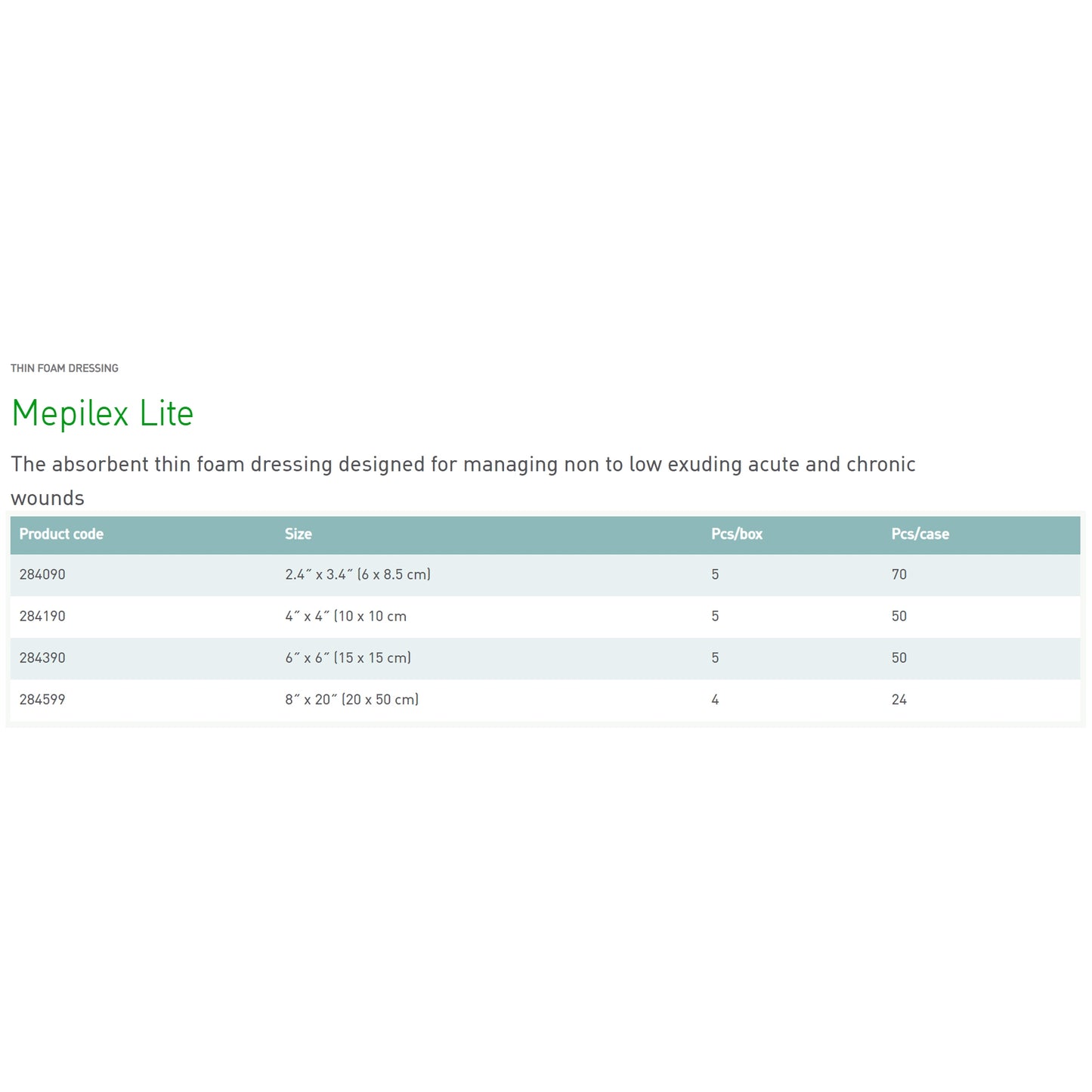 DRESSING, MEPILEX LITE 20CMX50CM (4/BX 6BX/CS)