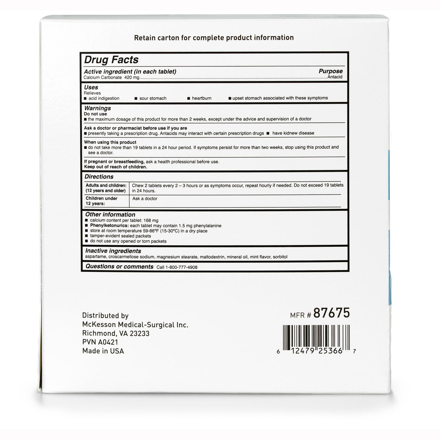 ANTACID, TAB CALCIUM CARBONATEMINT 420MG (250/BX 12BX/CS)