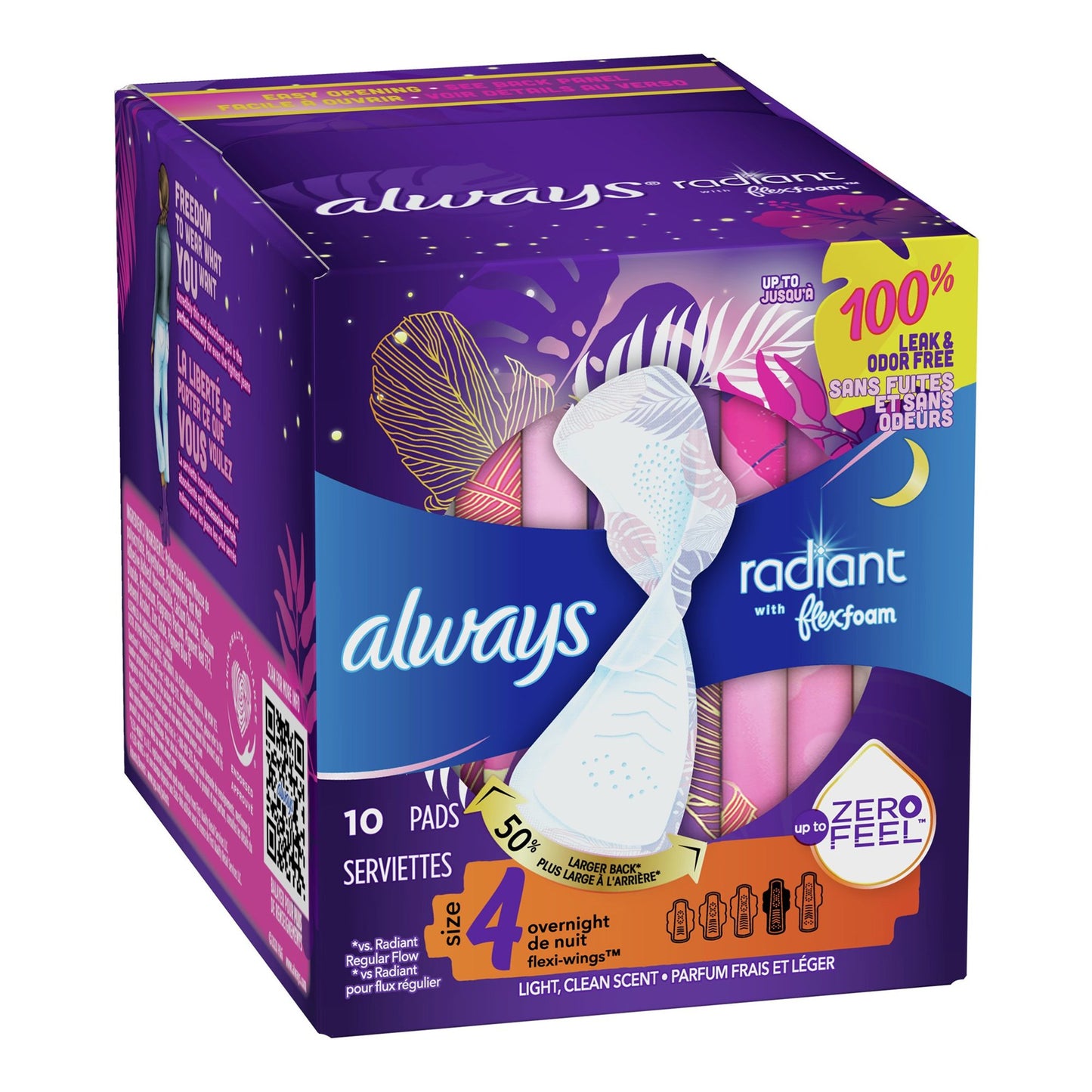 PAD, ALWAYS RADIANT W/FLEXI-WINGS OVERNIGHT SZ4 (10/BX)