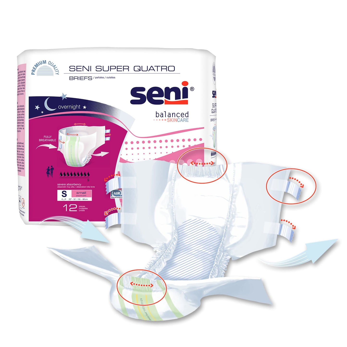 BRIEF, INCONT SENI SUPER QUATRO SM 22"-31" (12/PK 4PK/CS)
