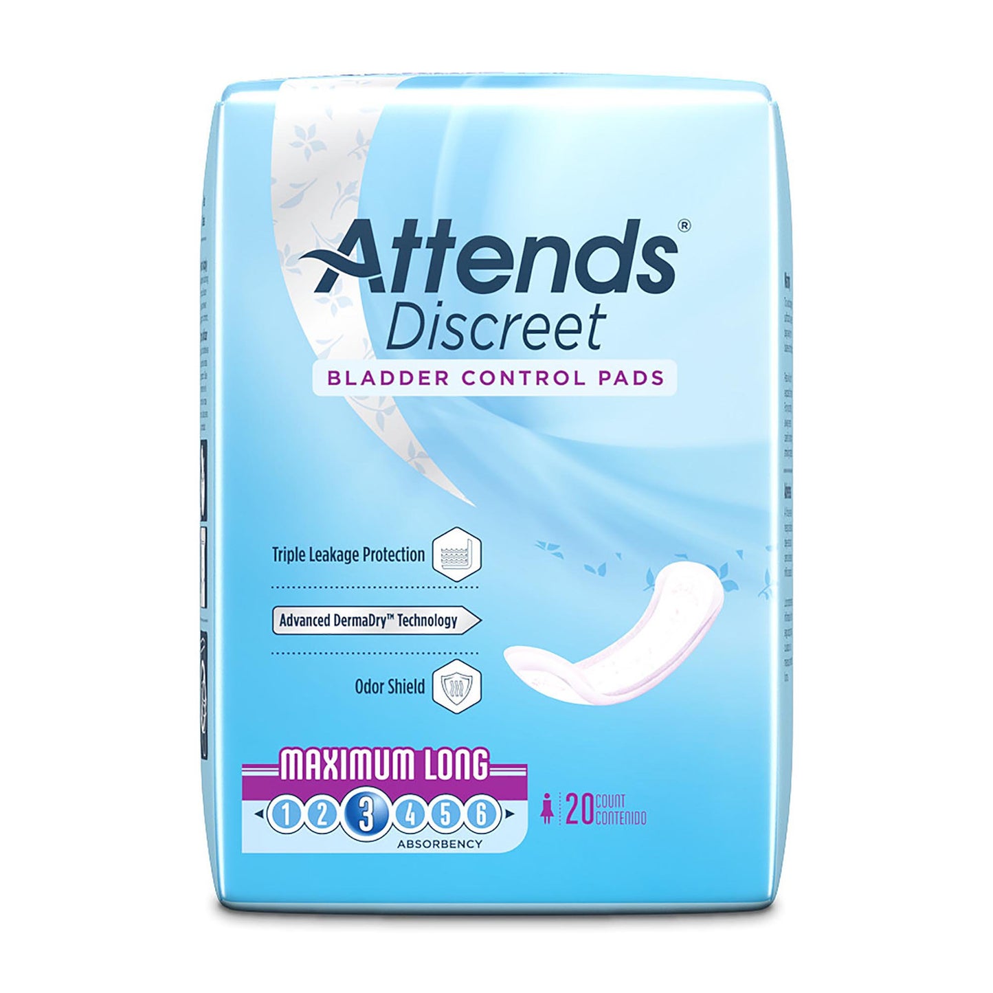 PAD, BLADDER CNTRL ATTENDS DISCREET MAX LONG (20/BG 10BG/CS)