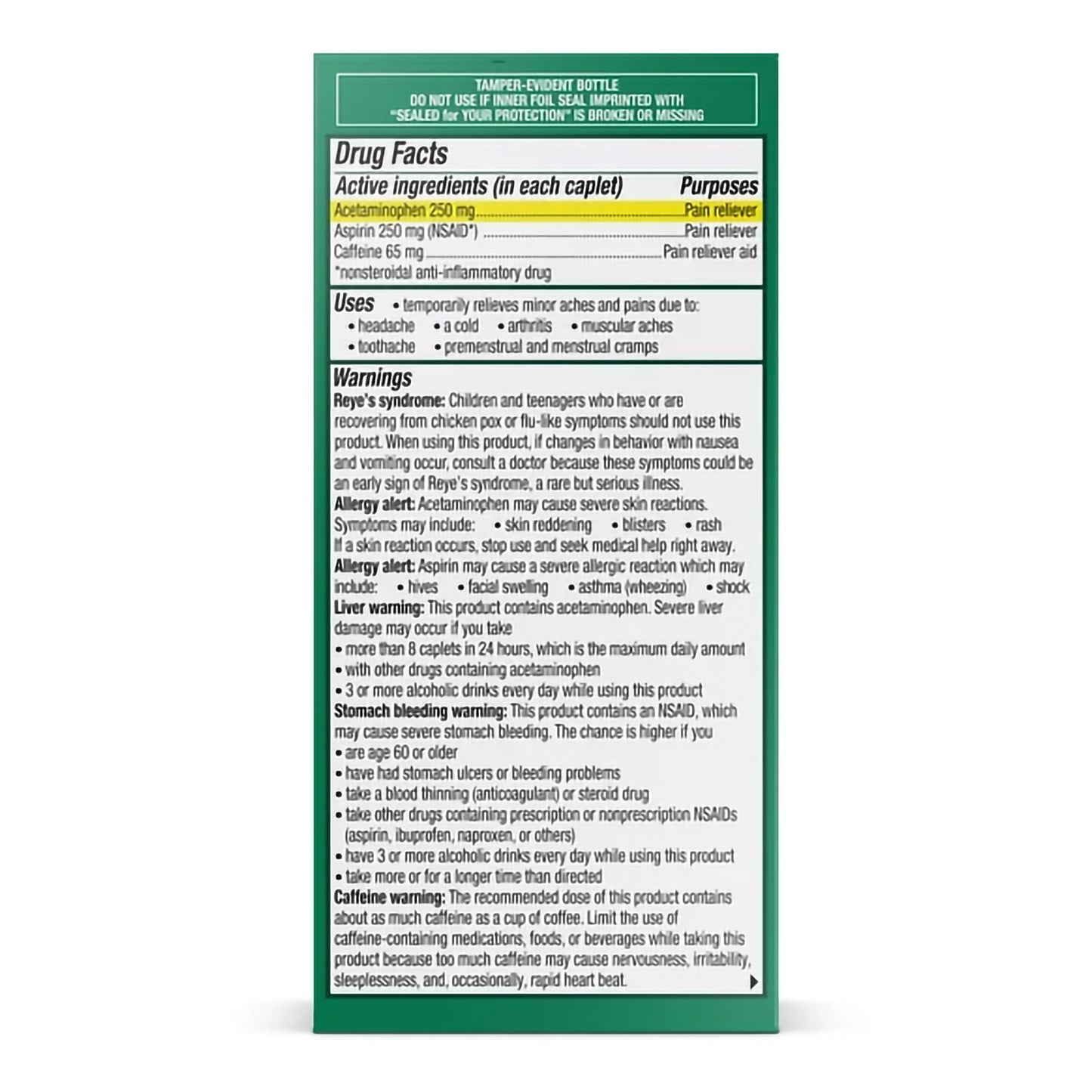 EXCEDRIN XS, CAP 250-250-65MG (100/BT)