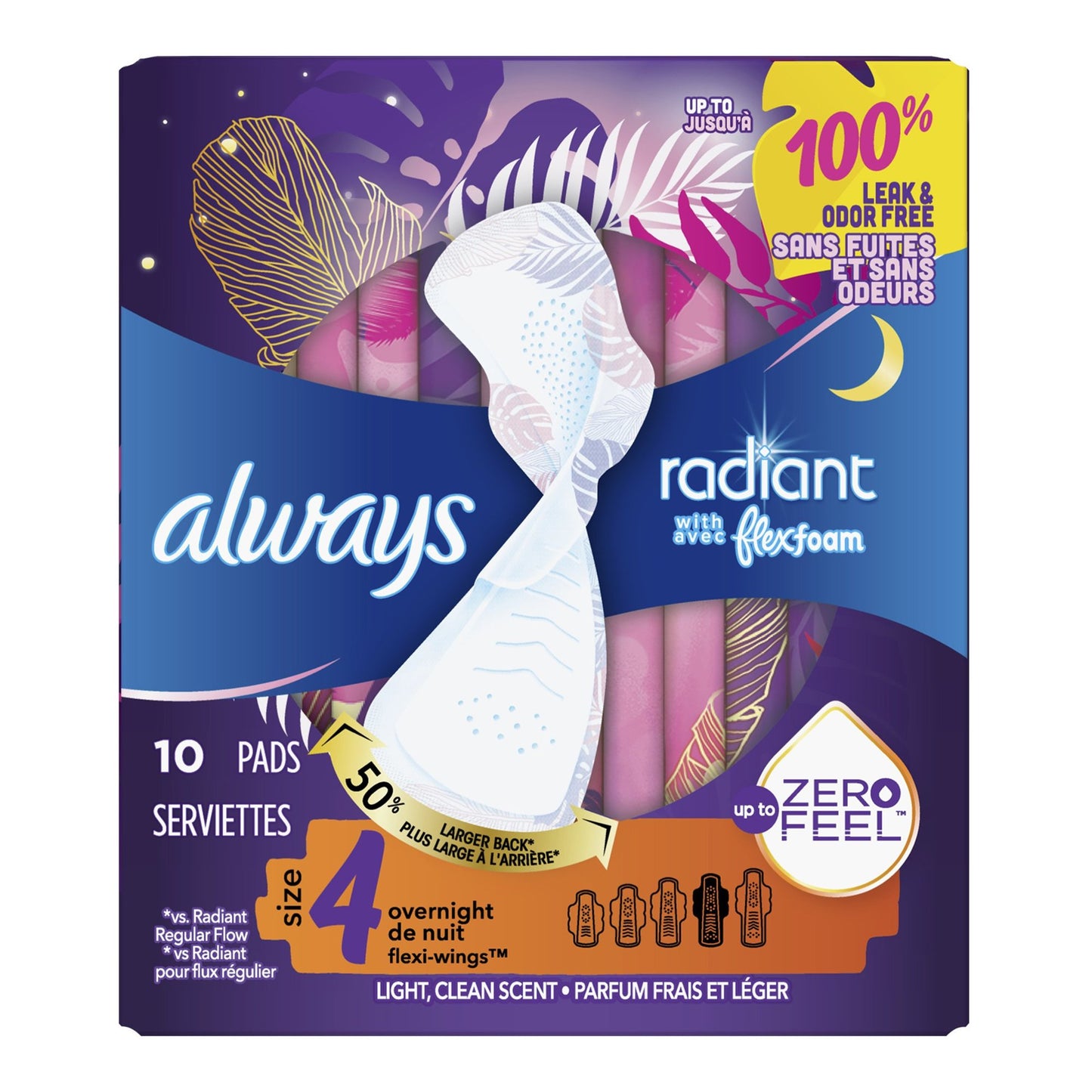 PAD, ALWAYS RADIANT W/FLEXI-WINGS OVERNIGHT SZ4 (10/BX)