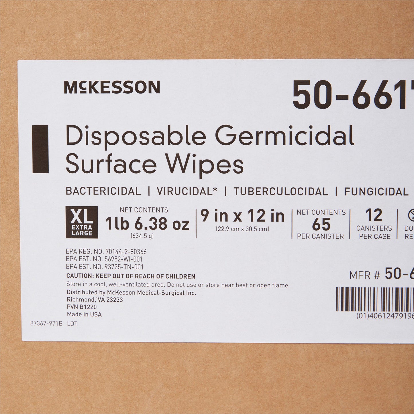 WIPE, GERMICIDE XLG 9"X12" (65/BX 12BX/CS)