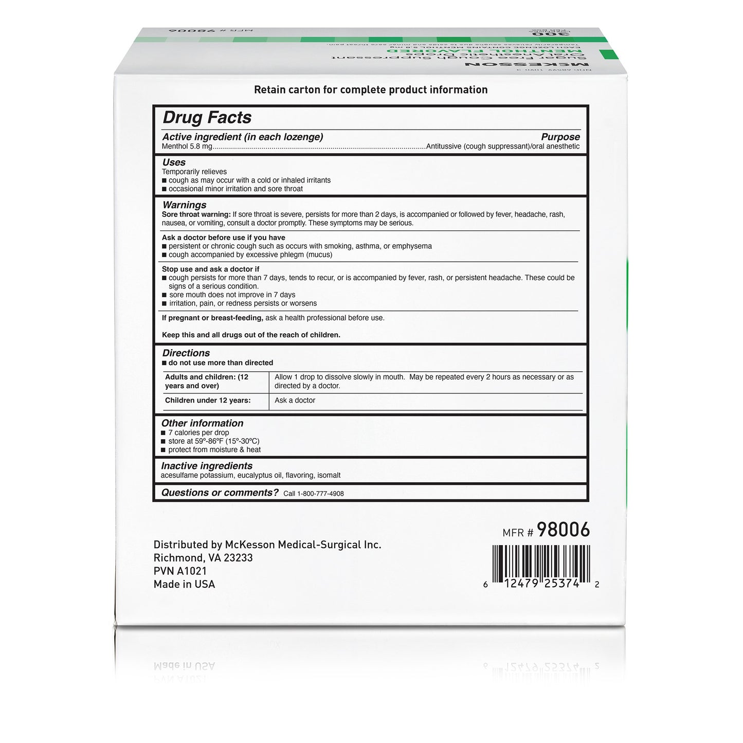 LOZENGE, COUGH SUPPRESS SUG-FREE MENTHOL (300/BX 12BX/CS)
