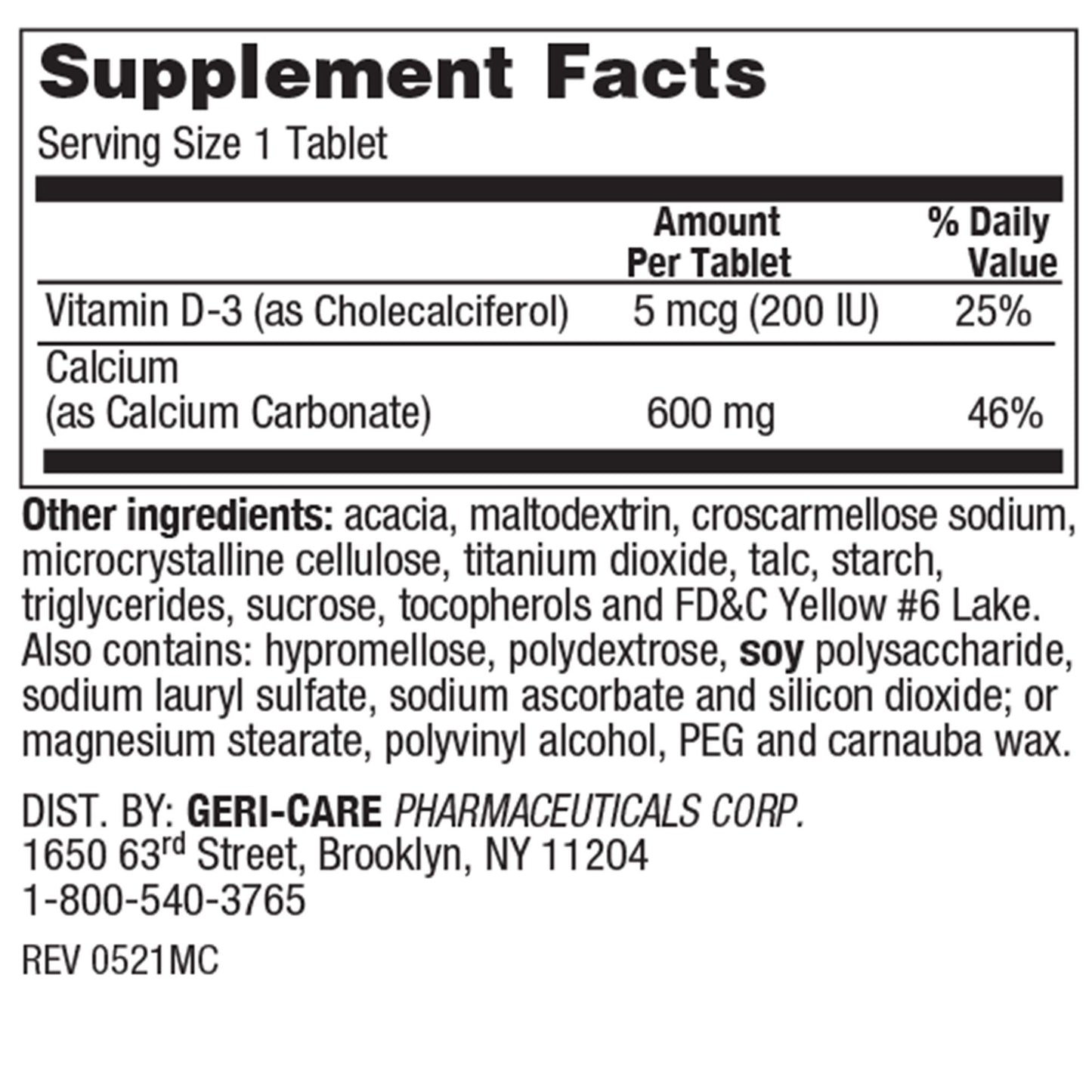 CALCIUM, TAB GENERIC 600+D (60/BT 12BT/CS)