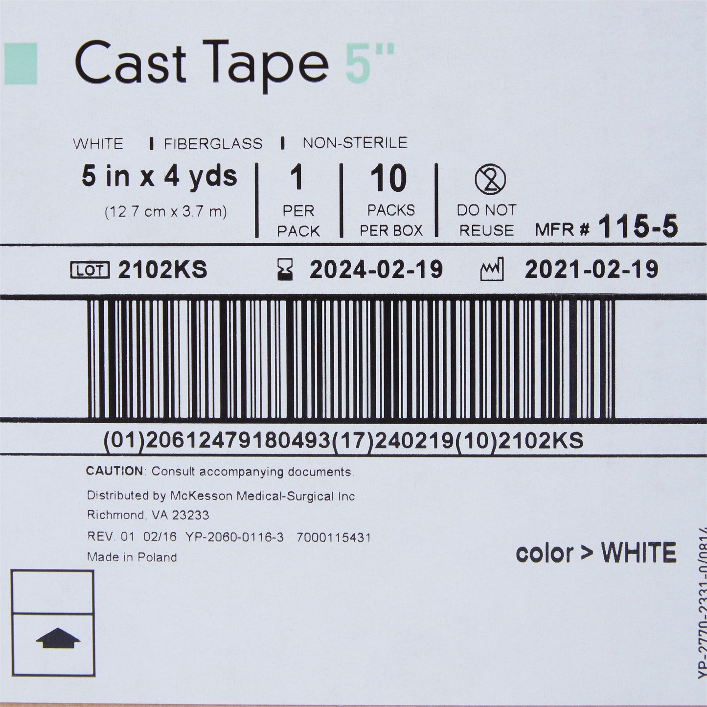 TAPE, CAST WHT LF 5"X4YDS (10RL/BX)