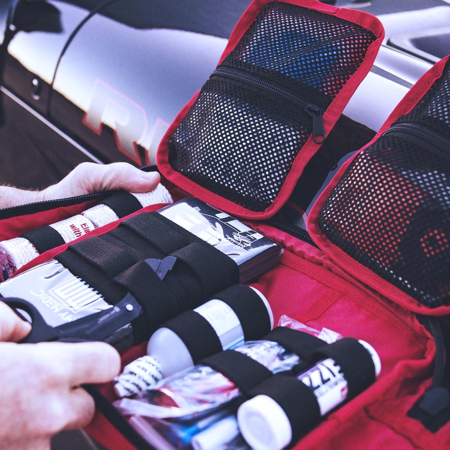 FIRST AID KIT, MYFAK LG STD 200PC NYLON BG RED 14X8.75X6"
