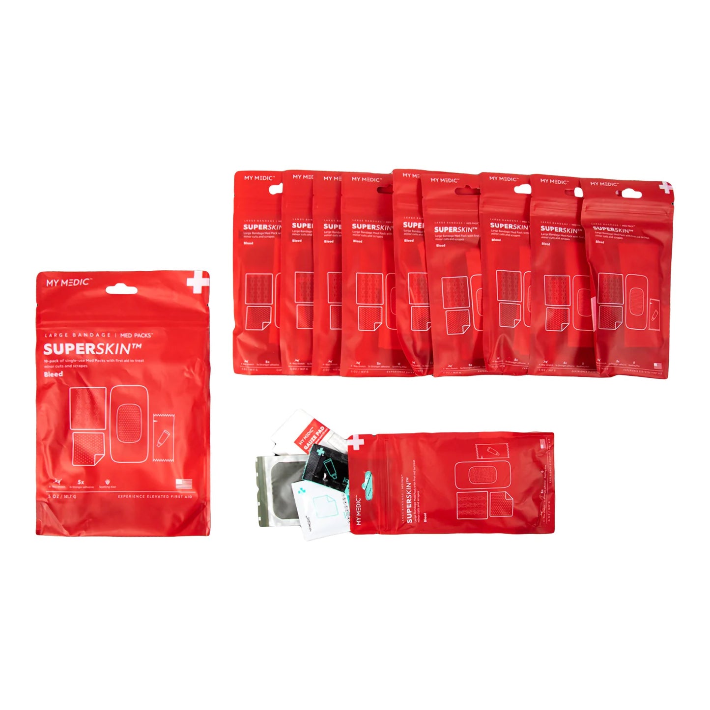 FIRST AID KIT, SUPERSKIN BANDAGE MEDPACK ASTD COLORS LG 10PK