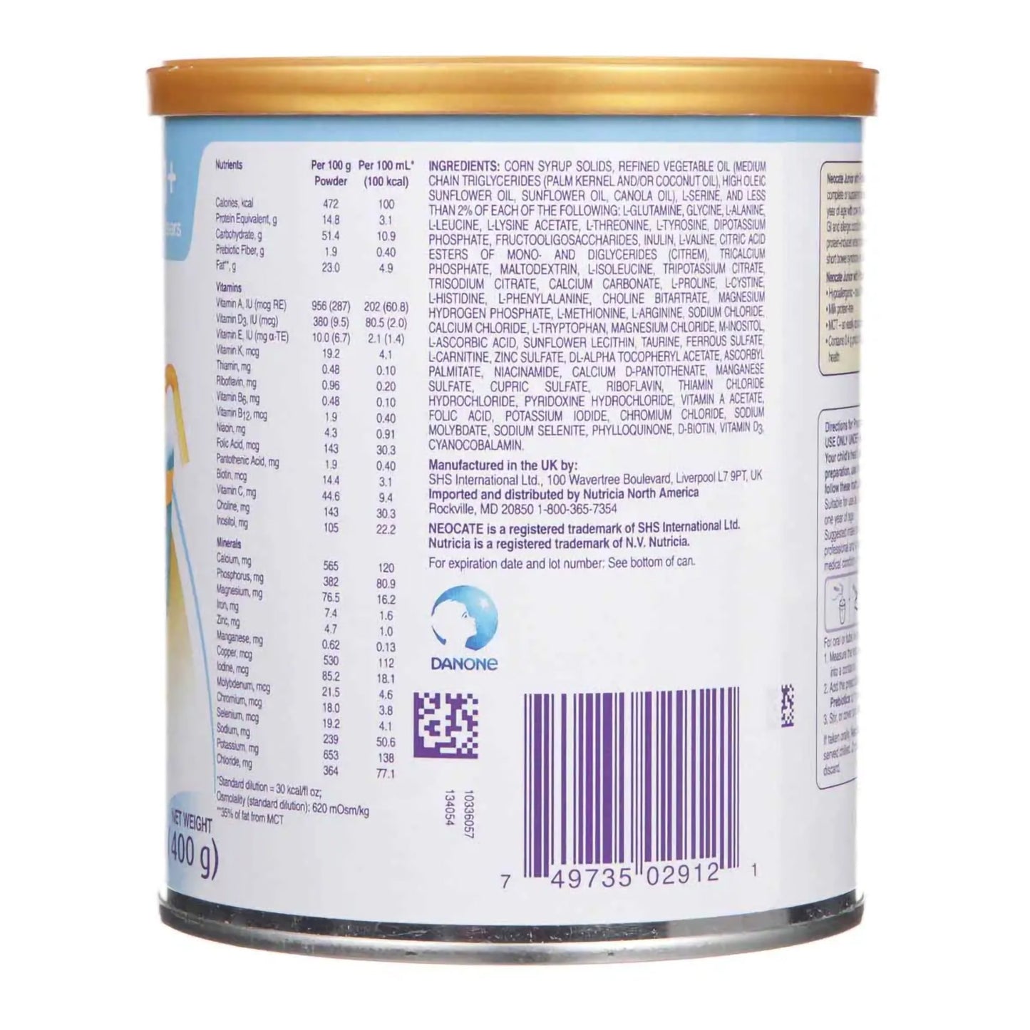NEOCATE JR, PDR W/PREBIOTICS UNFLAV 400GM (4/CS)
