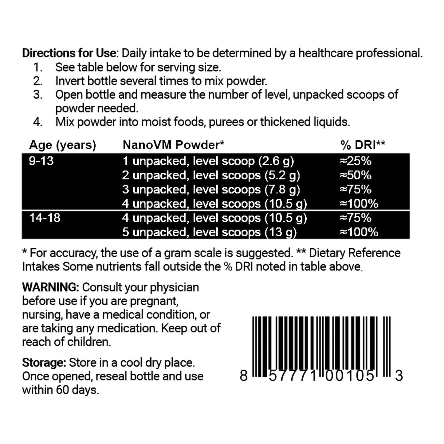 SUPPLEMENT, VIT/MIN NANO VN POWDER 9-18 YRS OLD