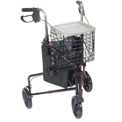 WALKER, ROLLATOR 3WHEEL ALUM WBASKET/TRAY/POUCH RED
