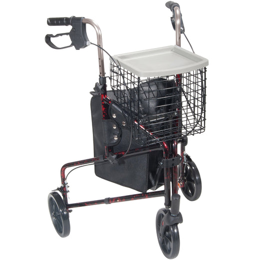 WALKER, ROLLATOR 3WHEEL ALUM WBASKET/TRAY/POUCH RED
