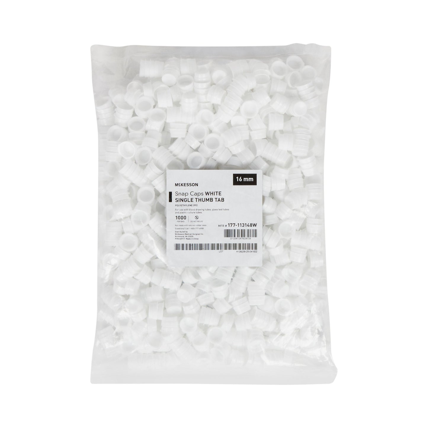 CAP, VAC TUBE WHT 16MM (1000/BG)