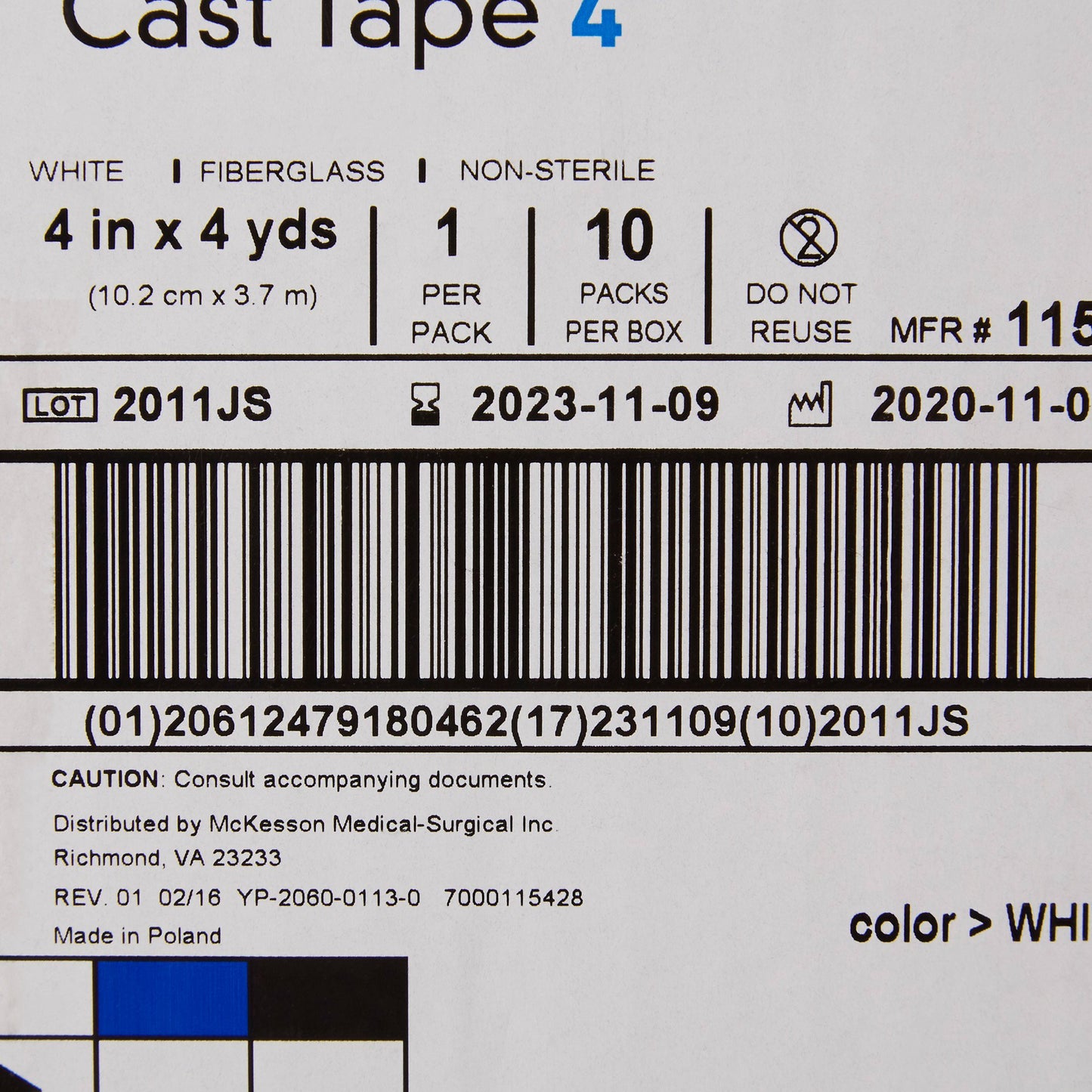 TAPE, CAST WHT LF 4"X4YDS (10RL/BX)