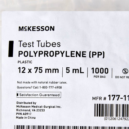 TUBE, TEST POLYPROPYLENE 12X75MM 5ML (1000/BG)