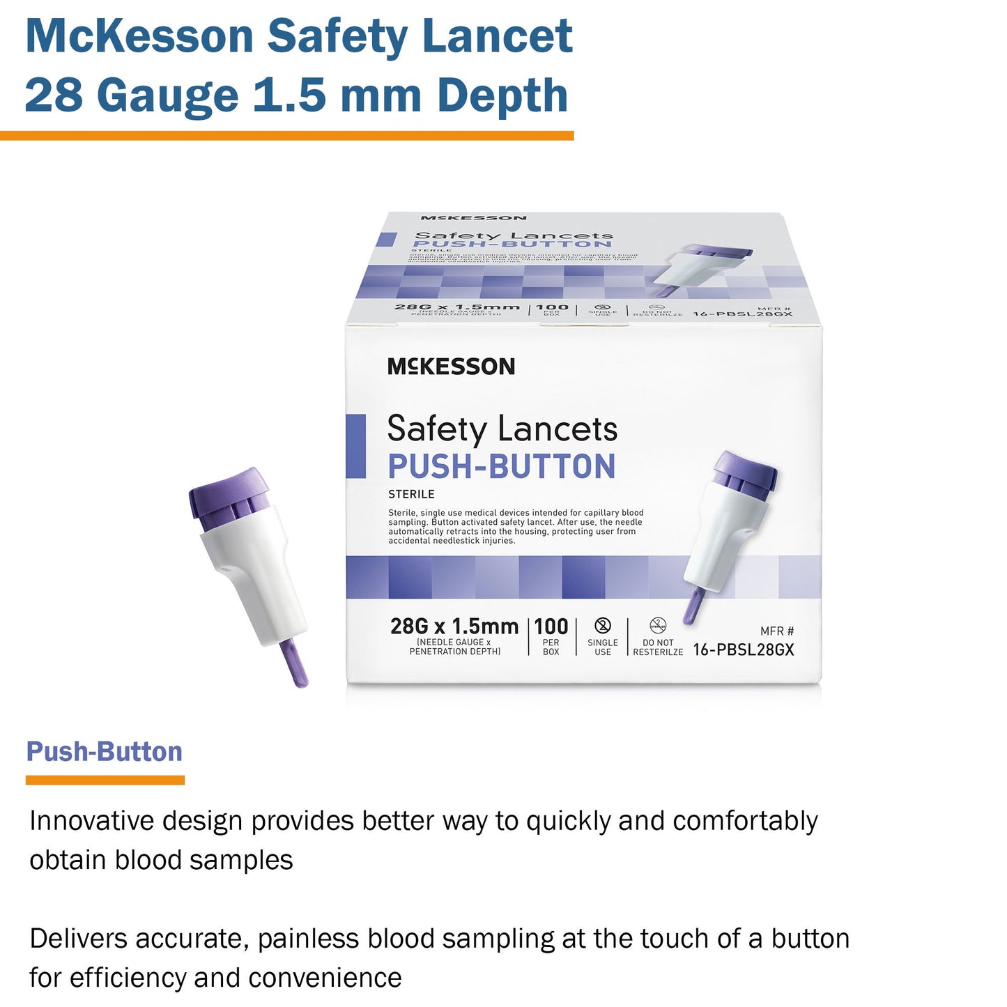 LANCET, SAFETY PUSH-BUTTON 28GNDL 1.5MM LF PUR (100/BX 20BX)