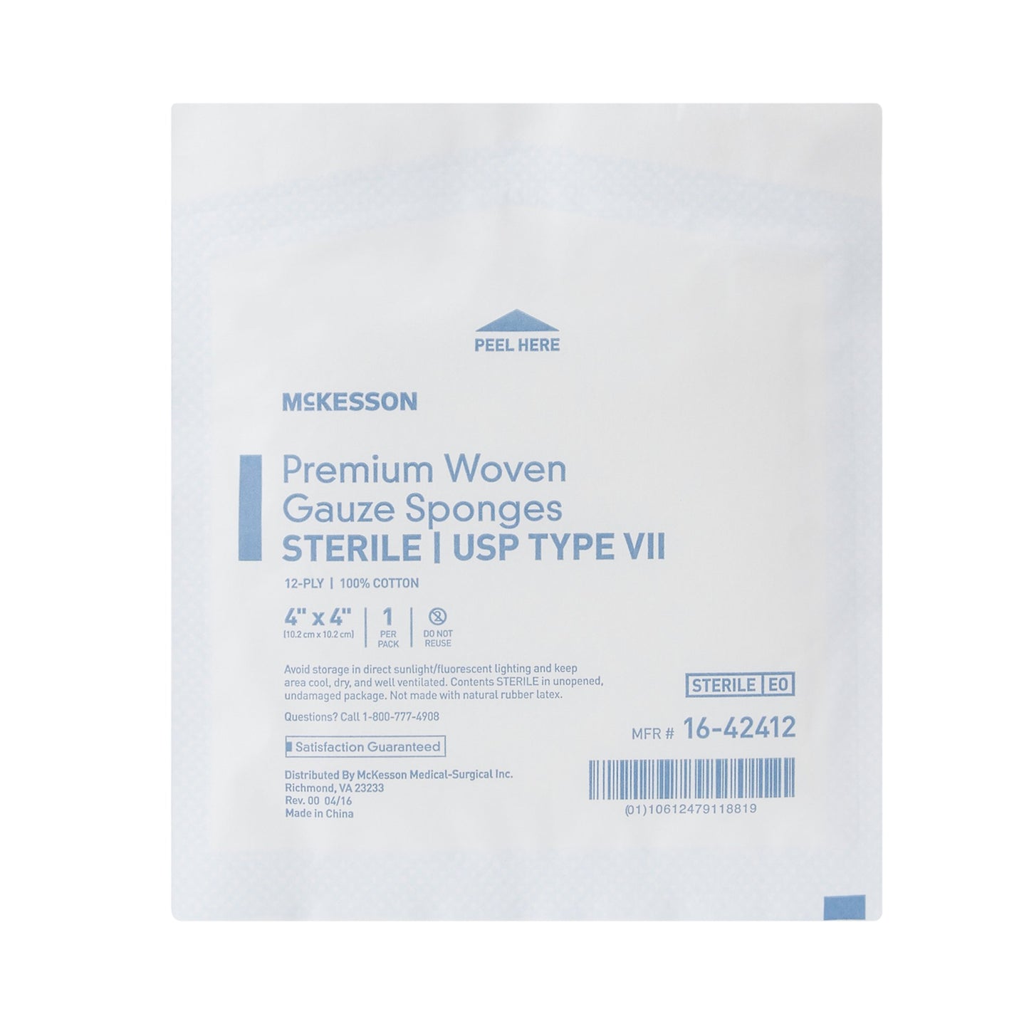 SPONGE, GAUZE TYPE-VII 12PLY STR 4"X4" (1/PK 50/BX 24BX/CS)