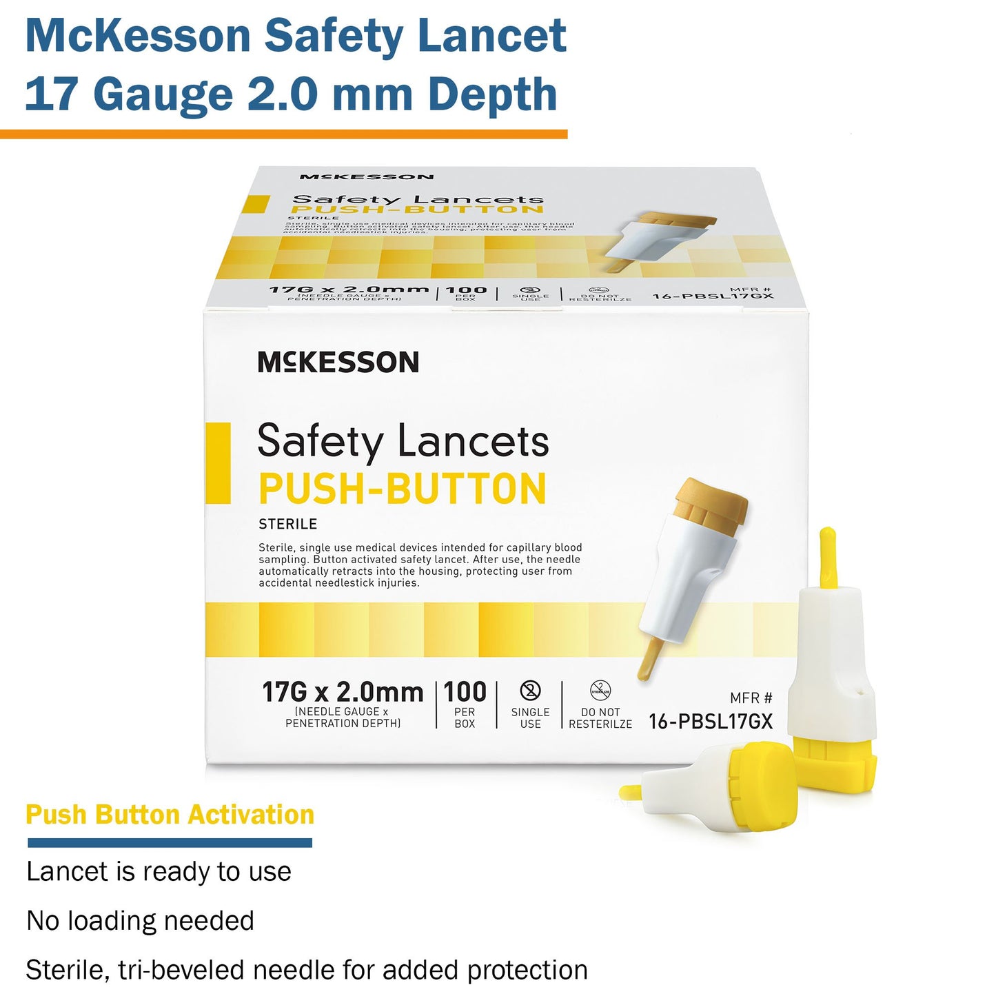 LANCET, SAFETY PUSH-BUTTON 17GNDL 2.0MM LF YLW (100/BX 20BX)