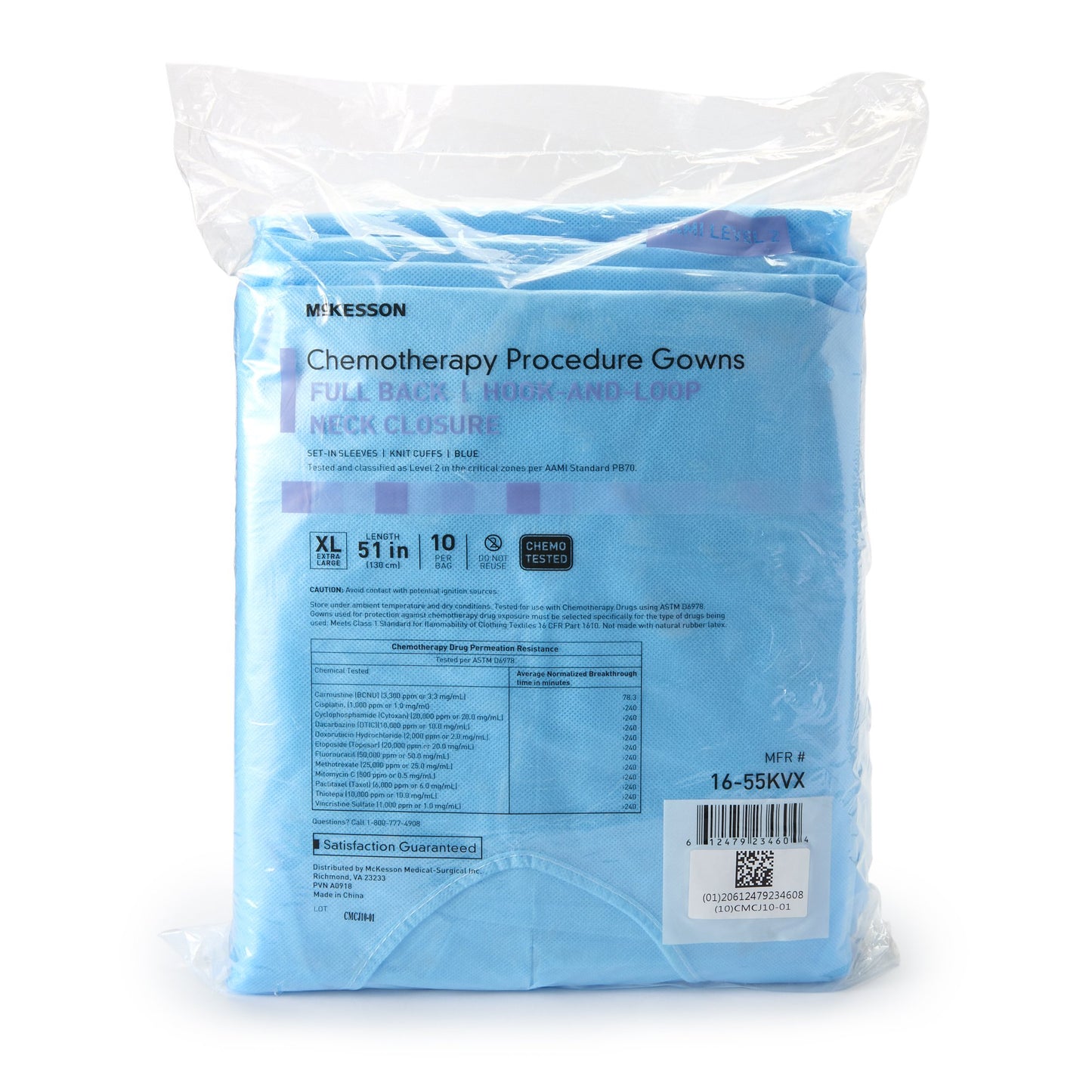 GOWN, CHEMO FULL BCK HOOK&LOOPCLSR AAMI2 XLG (10/BG 3BG/CS)