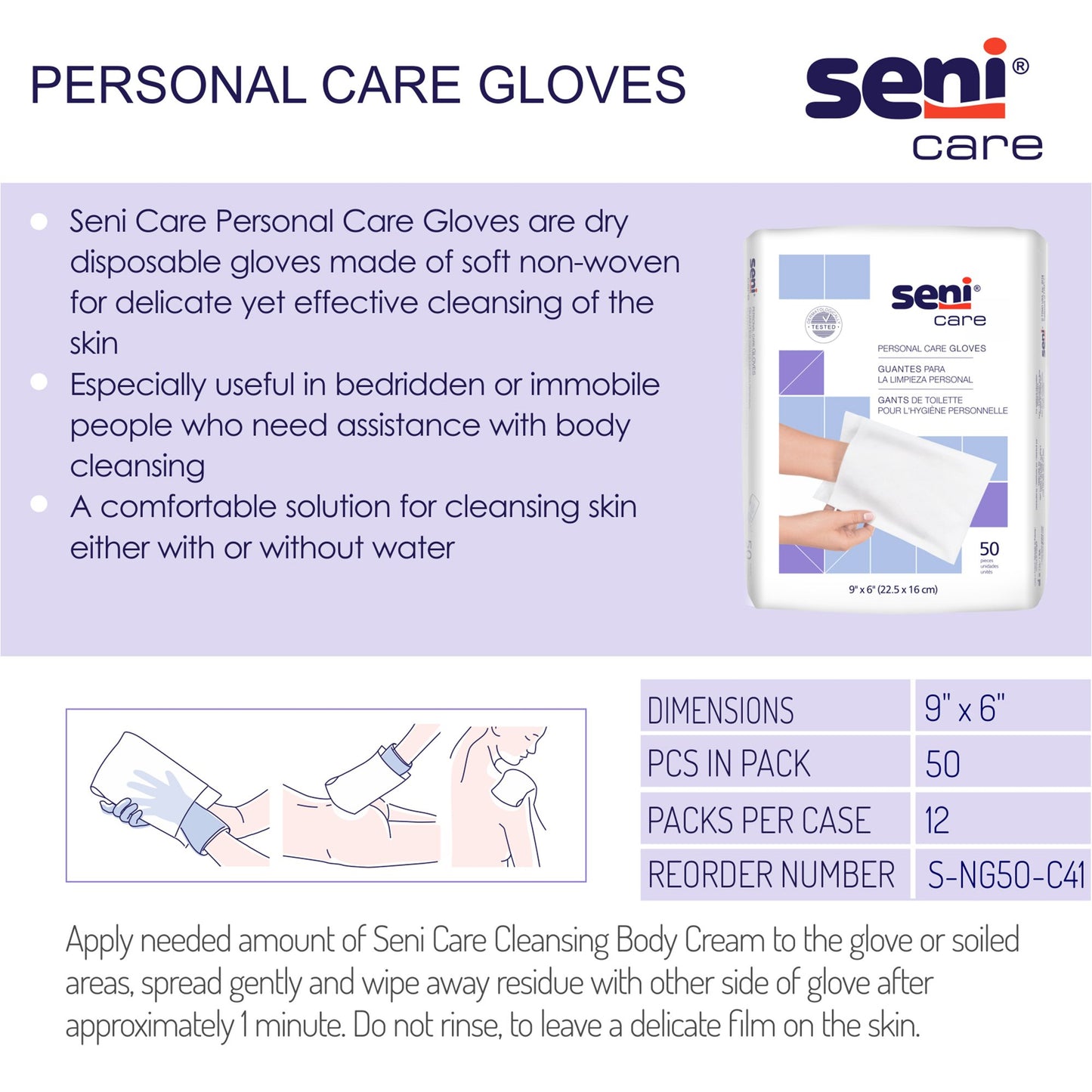 GLOVE, CLEANSING SENI CARE 9"X6" (50/PK 12 PK/CS)
