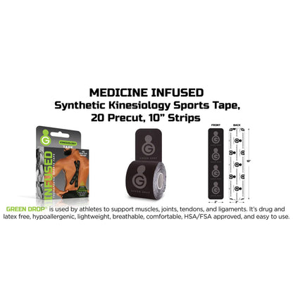 TAPE, KINESIOLOGY INFUSED BLK PRECUT STRIPS (20/BX 10BX/CS)