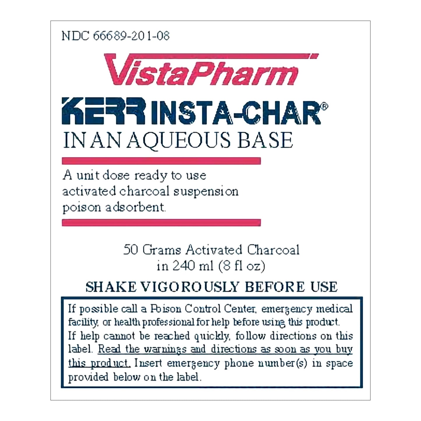 INSTA-CHAR, SUSP AQU UNFLAVORED 50GM/240ML 8OZ