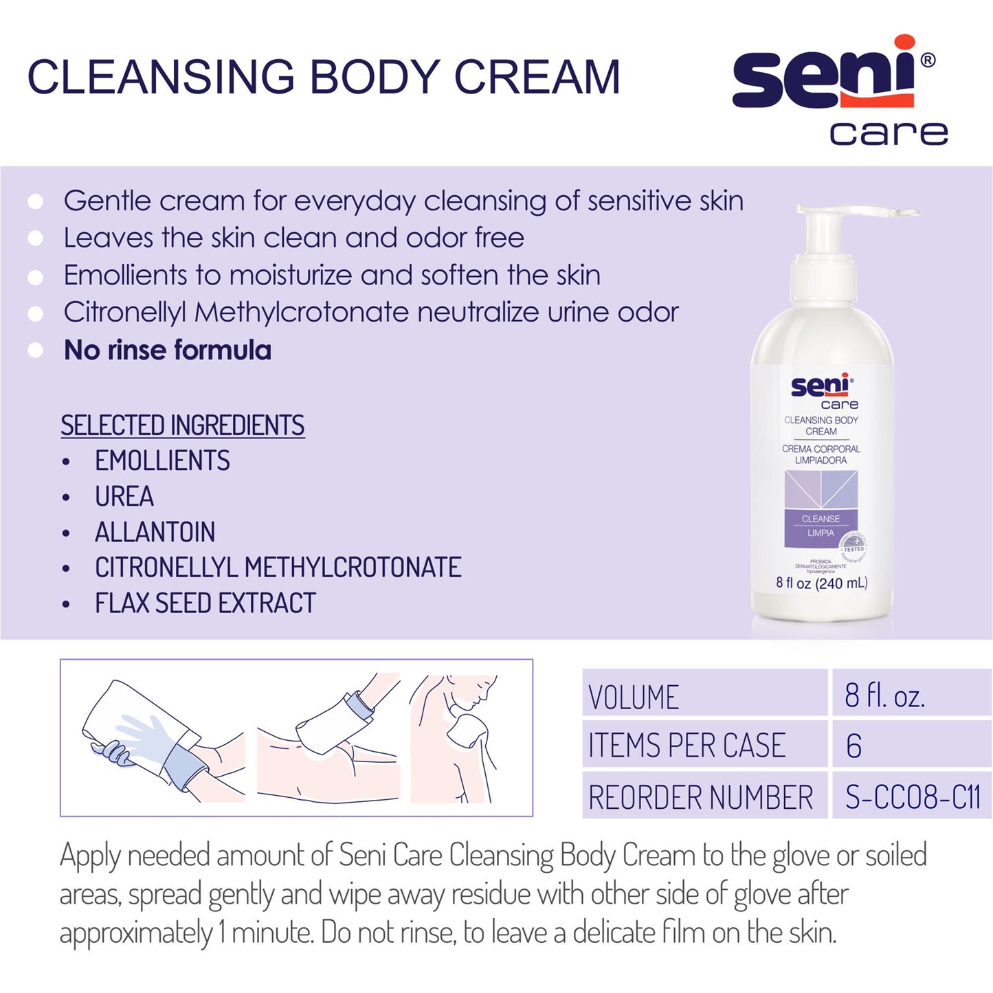 CREAM, CLEANSING SENI CARE NO RINSE 8OZ (6/CS)
