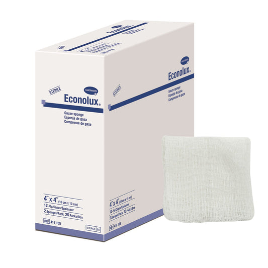 GAUZE, SPONGE ECONOLUX CTN 4"X4" 12PLY (2/PK 25PK/BX 24BX/CS