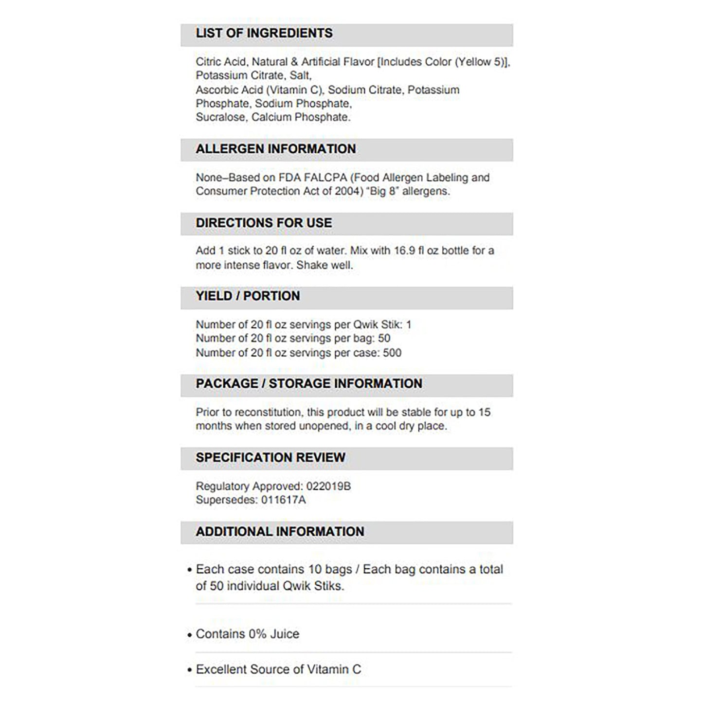 SQWINCHER ZERO, QWIK STIK LEMONADE .11OZ (50/PK 10PK/CS)