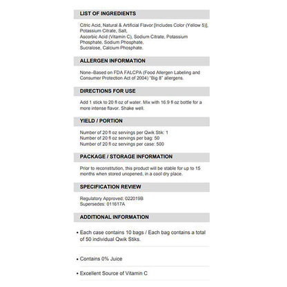 SQWINCHER ZERO, QWIK STIK LEMONADE .11OZ (50/PK 10PK/CS)