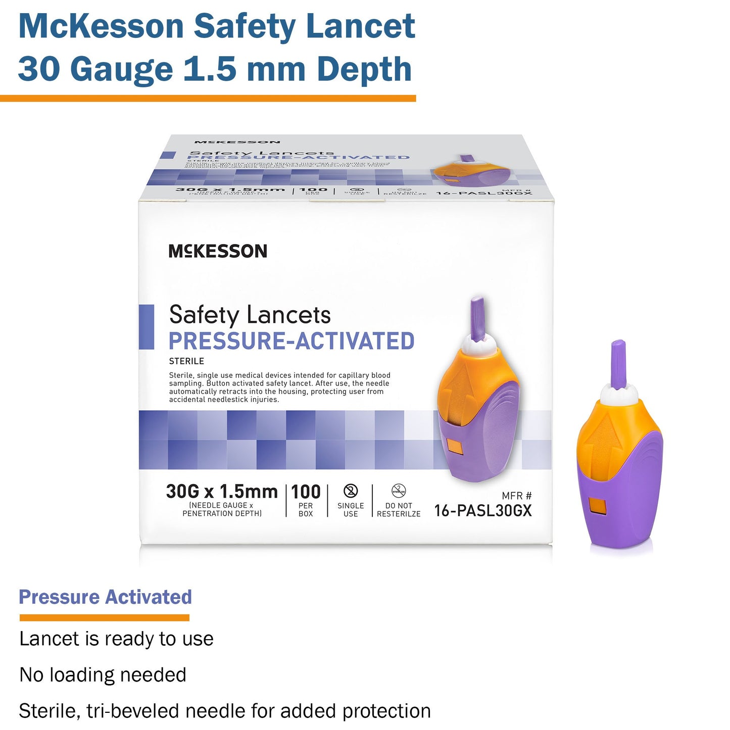 LANCET, SAFETY PRESS ACTIV PURP 1.5MM 30G (100/BX 20BX/CS)