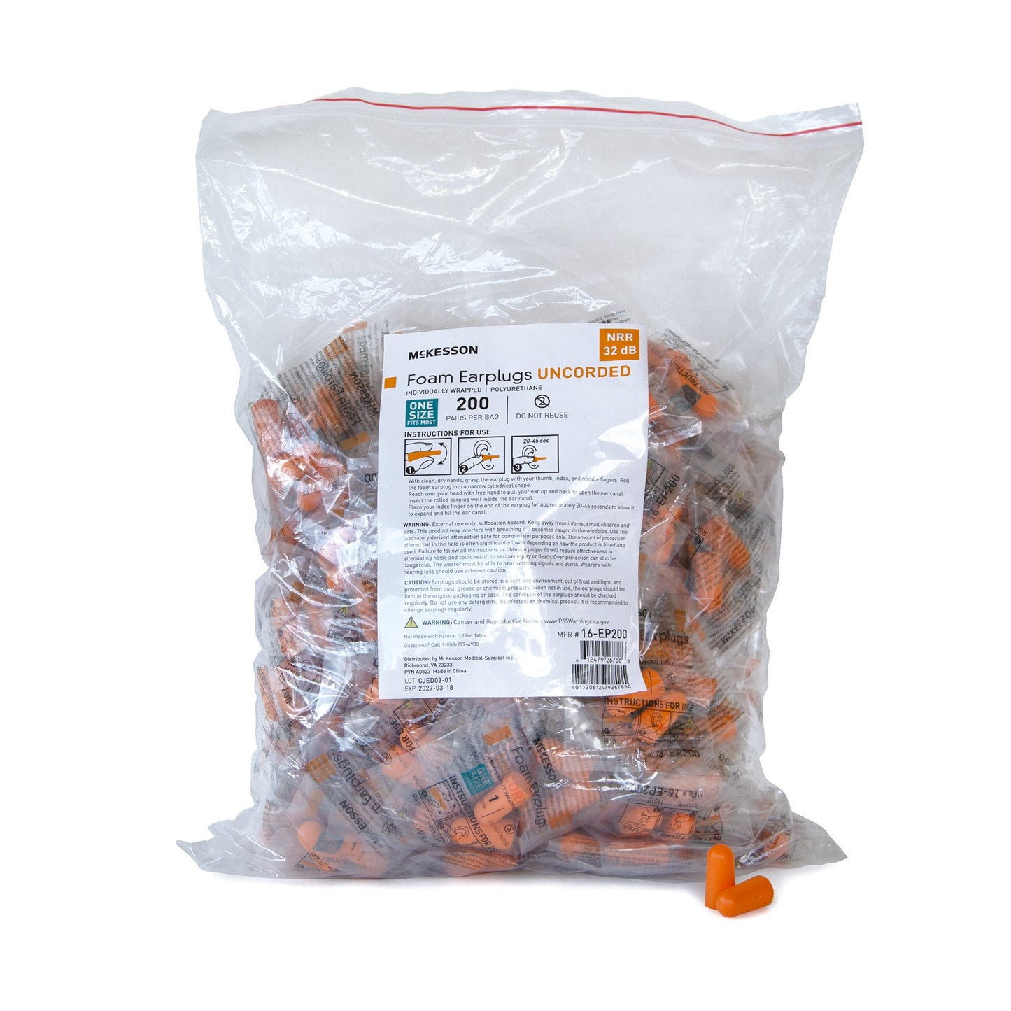 EARPLUGS, UNCR POLYBG (200PR/BG 10BG/CS)