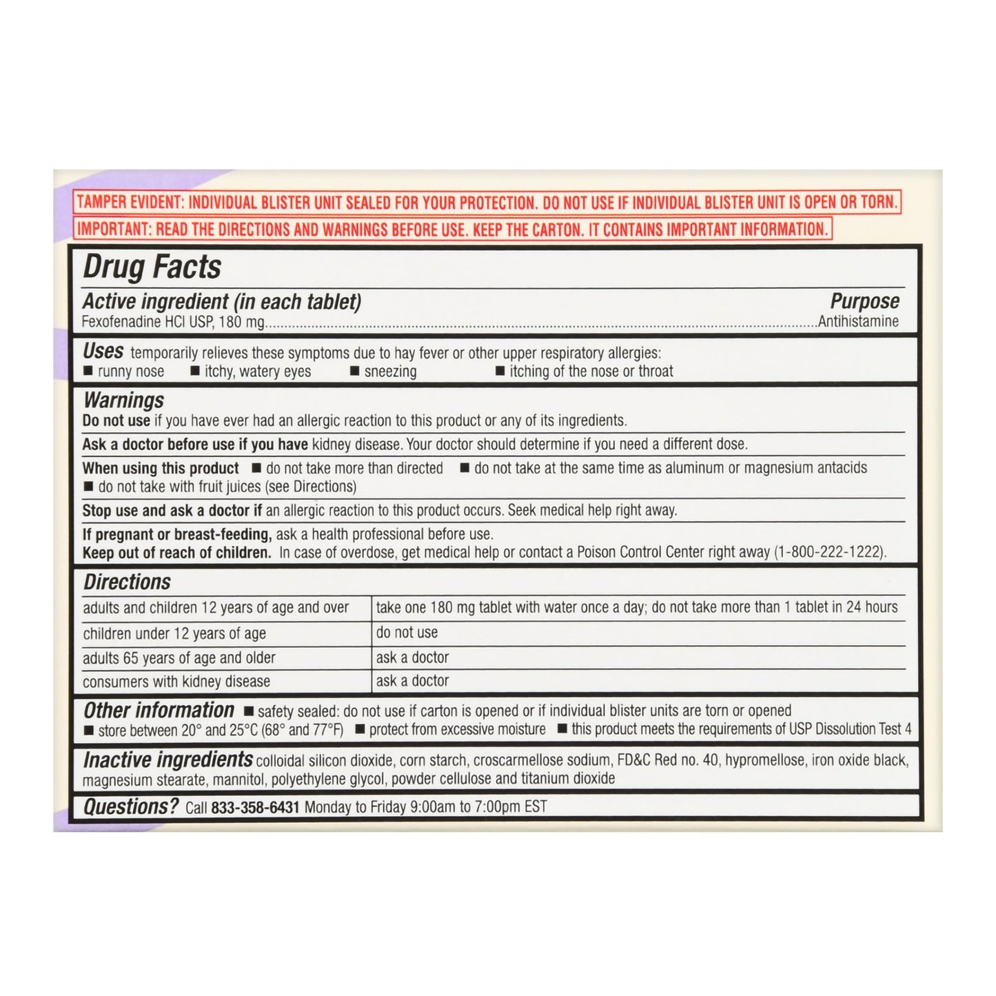 FEXOFENADINE, TAB FT SM 180MG (15/BX)