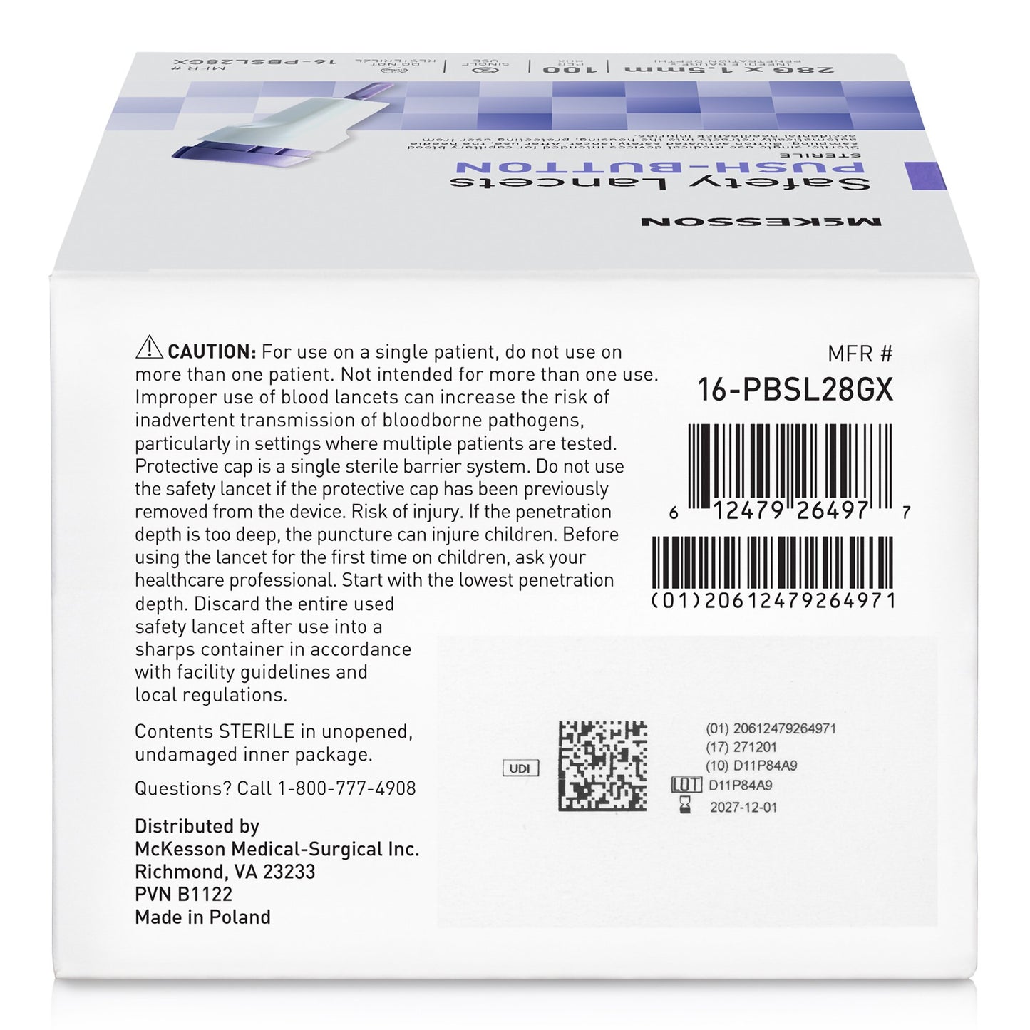 LANCET, SAFETY PUSH-BUTTON 28GNDL 1.5MM LF PUR (100/BX 20BX)