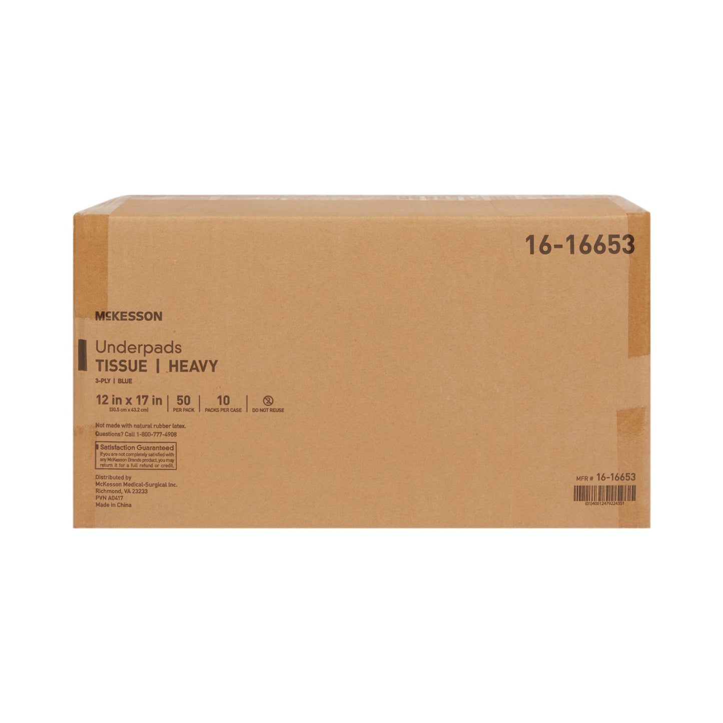 UNDERPAD, 3PLY TISS BLU 12X17 (50/BG 10BG/CS)