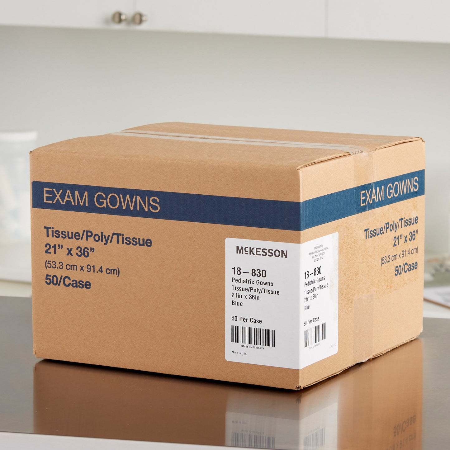 GOWN, EXAM T/P/T PED F/B OPN BLU 21X36 (50/CS)