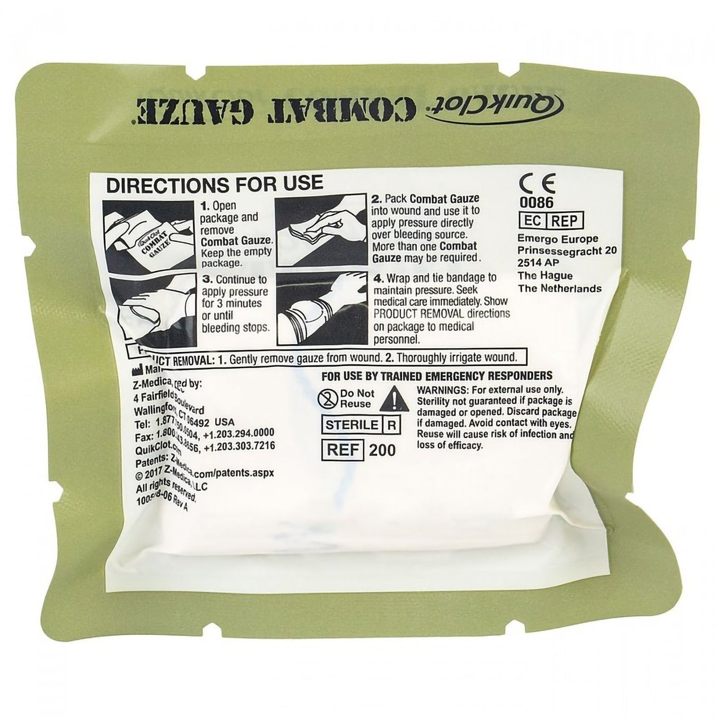 GAUZE, COMBAT QUIKCLOT W/X-RAYDETECTABLE STRIP 3"X4YDS