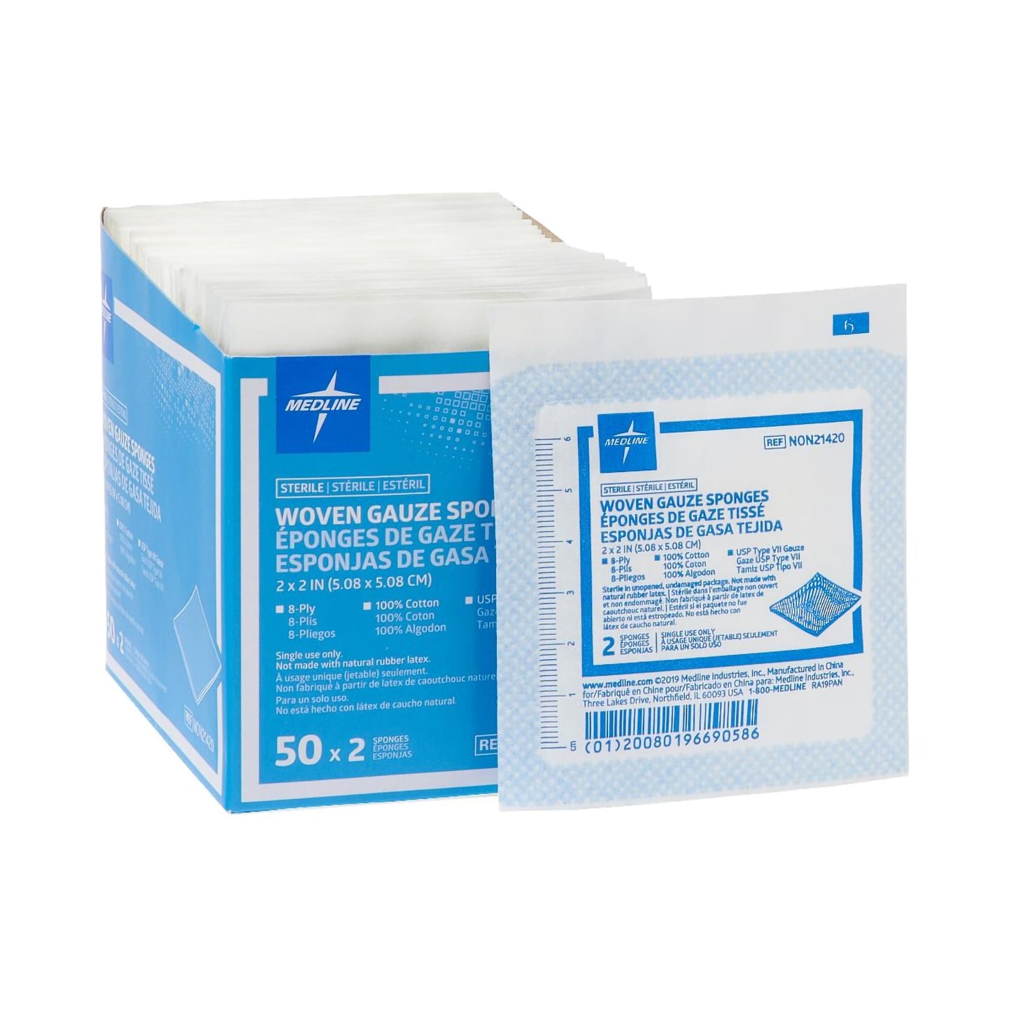 SPONGE, GAUZE 8PLY STR LF 2"X2" (2/PK 50PK/BX 30BX/CS)