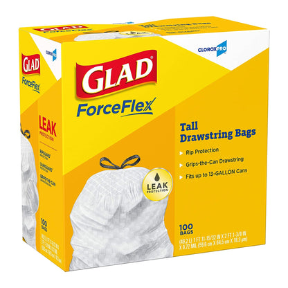 LINER, TRASH GLAD DRWSTRNG FORCEFLEX TALL KITCHEN 13 GSALFLD
