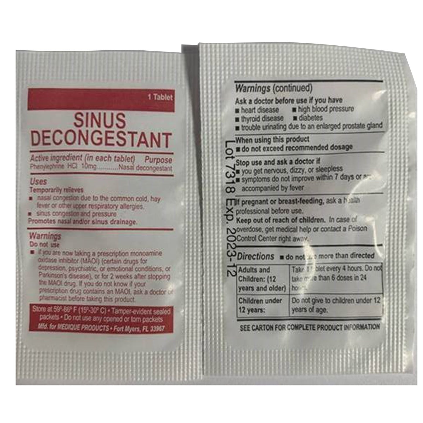 SINUS RELIEF, TAB 10MG (100/BX24BX/CS)