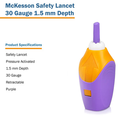 LANCET, SAFETY PRESS ACTIV PURP 1.5MM 30G (100/BX 20BX/CS)