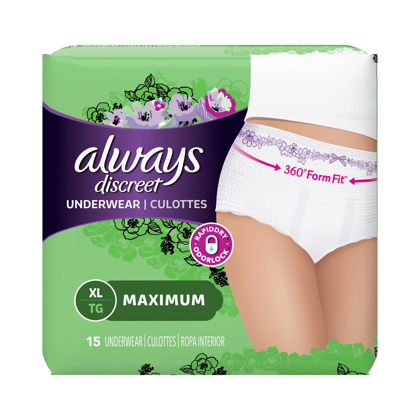 UNDERWEAR, PROTECTIVE ALWAYS DISCREET XLG (15/PK 3 9PG
