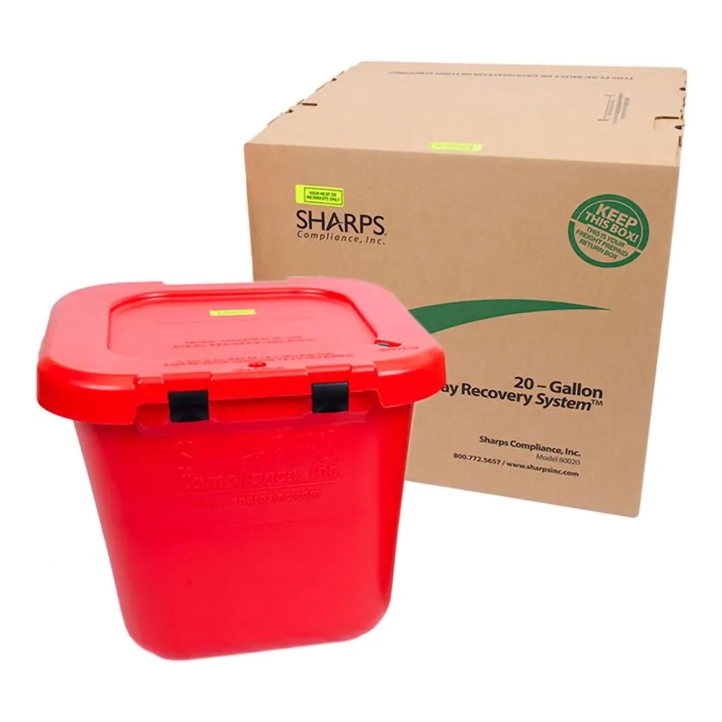 <ul><li>20-gallon sharps container has red base and a nonlocking lid