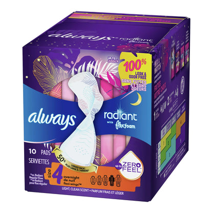 PAD, ALWAYS RADIANT W/FLEXI-WINGS OVERNIGHT SZ4 (10/BX)