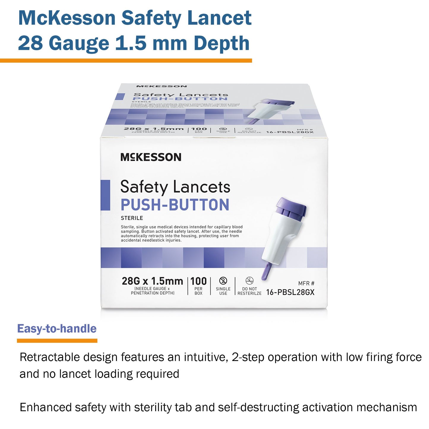 LANCET, SAFETY PUSH-BUTTON 28GNDL 1.5MM LF PUR (100/BX 20BX)
