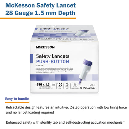 LANCET, SAFETY PUSH-BUTTON 28GNDL 1.5MM LF PUR (100/BX 20BX)
